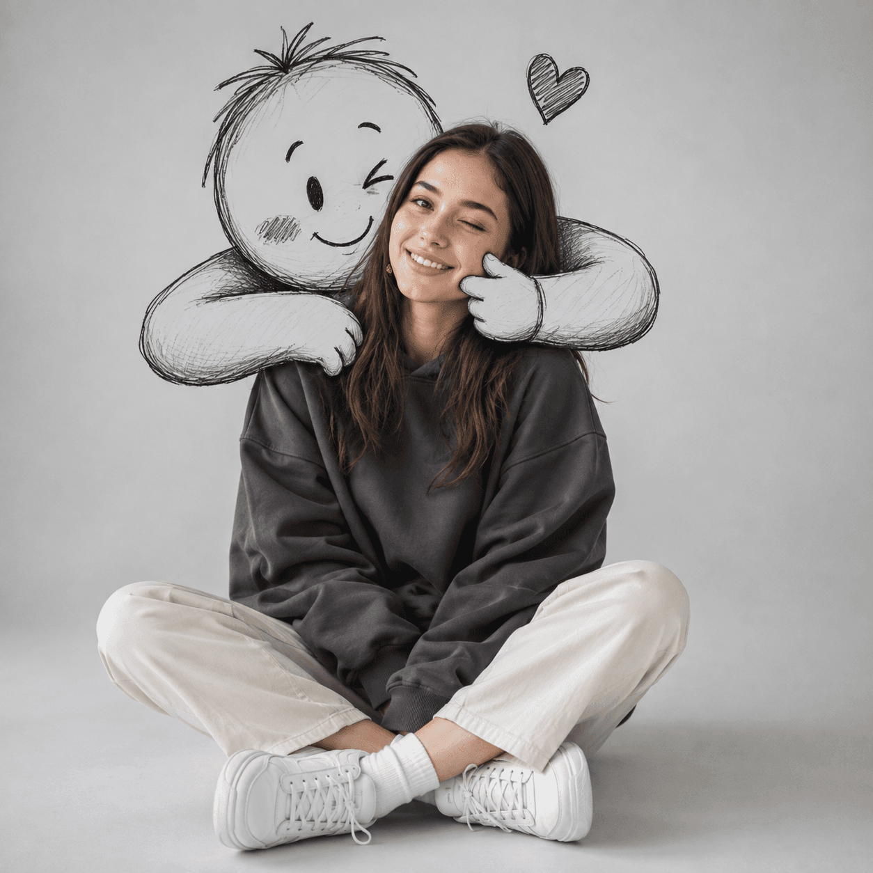 Premium Photorealistic Doodle Hug Portrait Prompt | Minimalist Studio AI Photo Prompt (Flux, Midjourney, ChatGPT, SDXL)