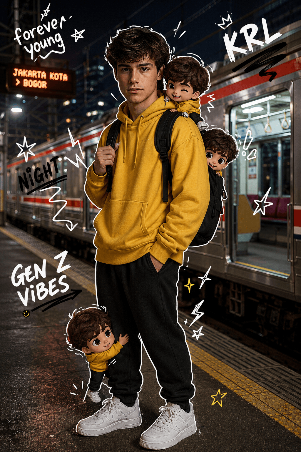 AI Mixed Media Night Train Station Portrait Prompt | Hyper Realistic + 3D Chibi + Streetwear + KRL Commuter Edit