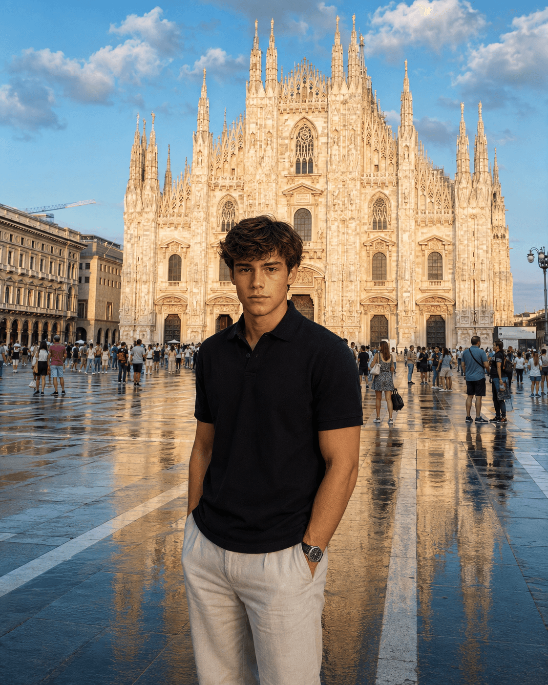 Photorealistic Milan Duomo Travel Portrait AI Prompt | Consistent Identity | Luxury Editorial Photo