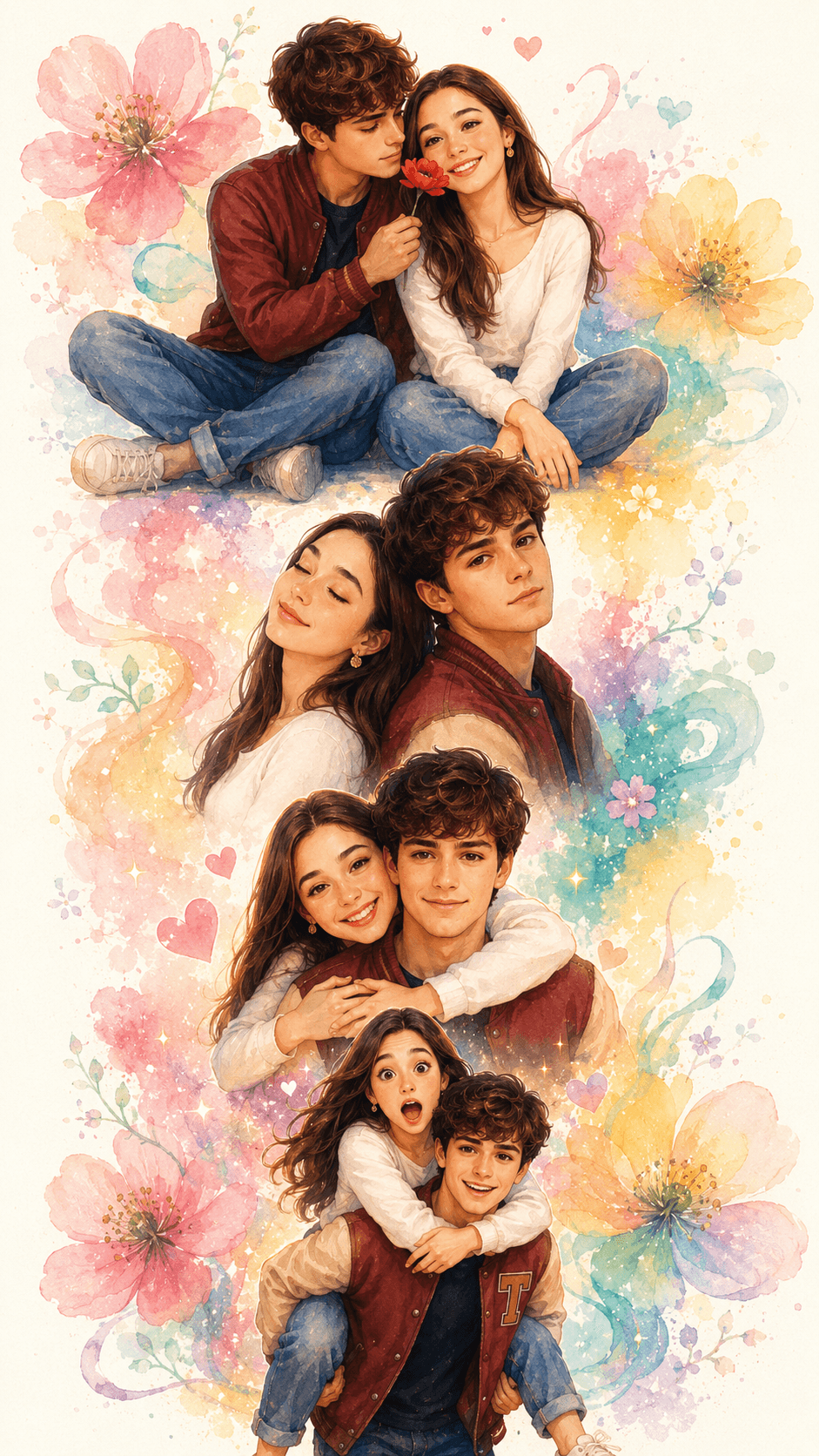 Romantic Couple 3D Watercolor Collage AI Prompt | 9:16 Wallpaper preview 3