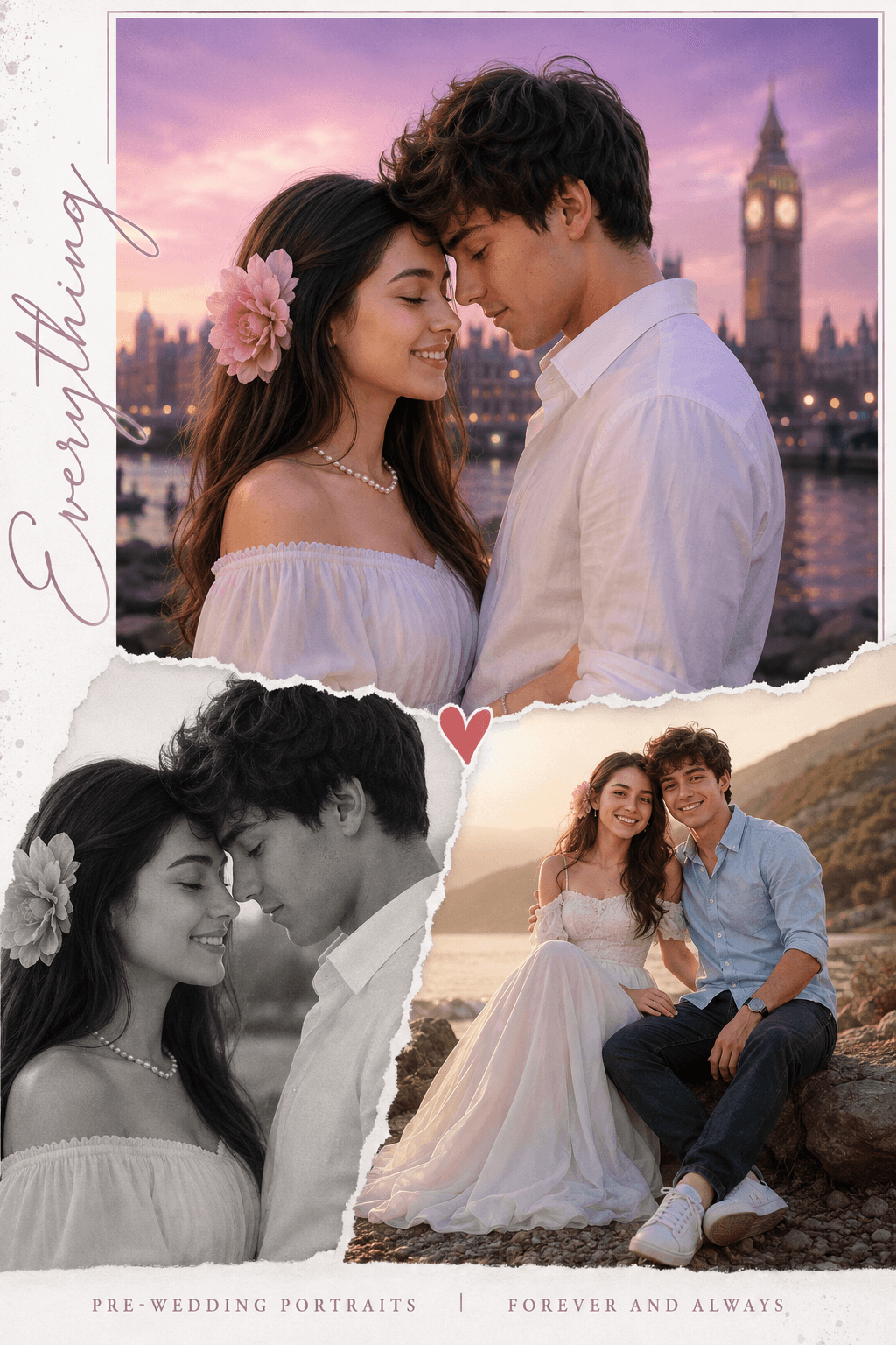 Romantic Pre-Wedding AI Prompt – Cinematic Couple Portrait Collage preview 2