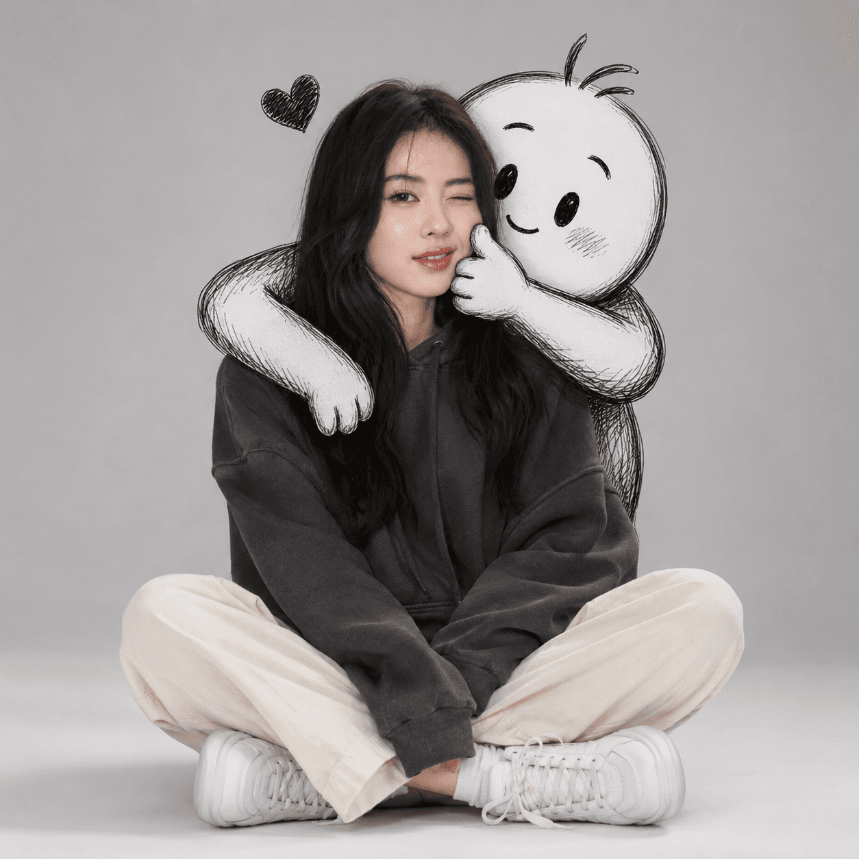 Premium Photorealistic Studio Portrait with Cute Doodle Hug AI Prompt | Minimalist Editorial Photography | ChatGPT & AI Image Generator