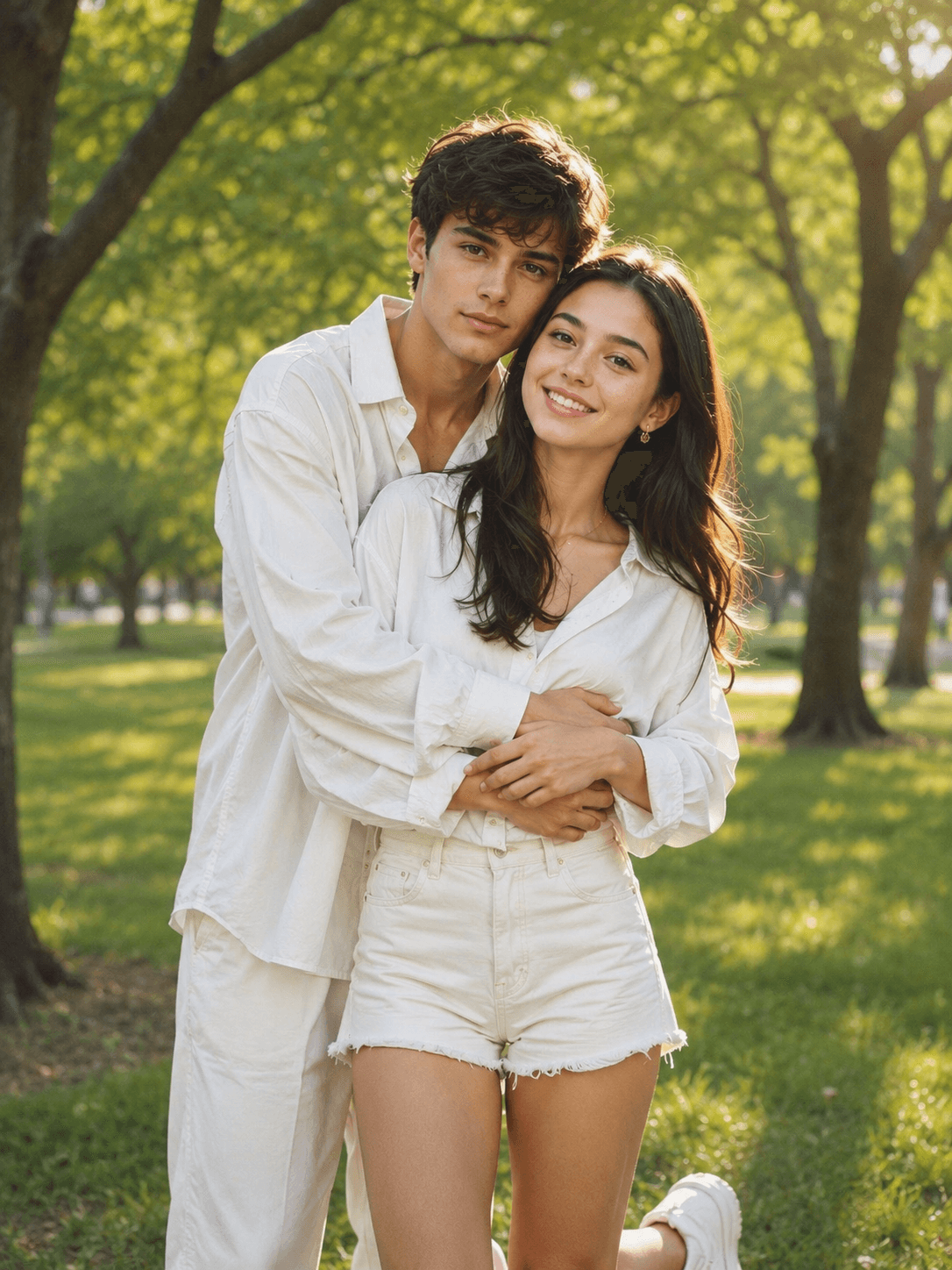 Romantic Couple in a Green Park AI Prompt | Ultra-Realistic Golden Hour Portrait preview 3