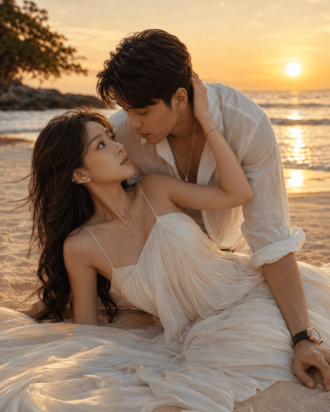 Romantic Golden Sunset Beach Couple AI Art Prompt | Ultra-Realistic Cinematic Photography