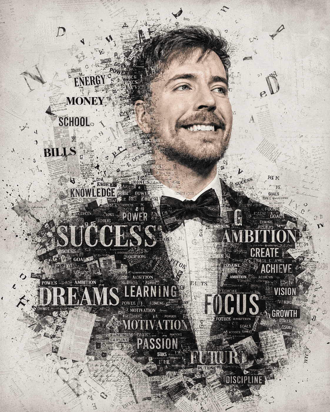 Ultra Realistic Typography Portrait Prompt | Newspaper Collage Mixed Media AI Art | Black & White Editorial Poster | Midjourney, FLUX & ChatGPT Image Generator