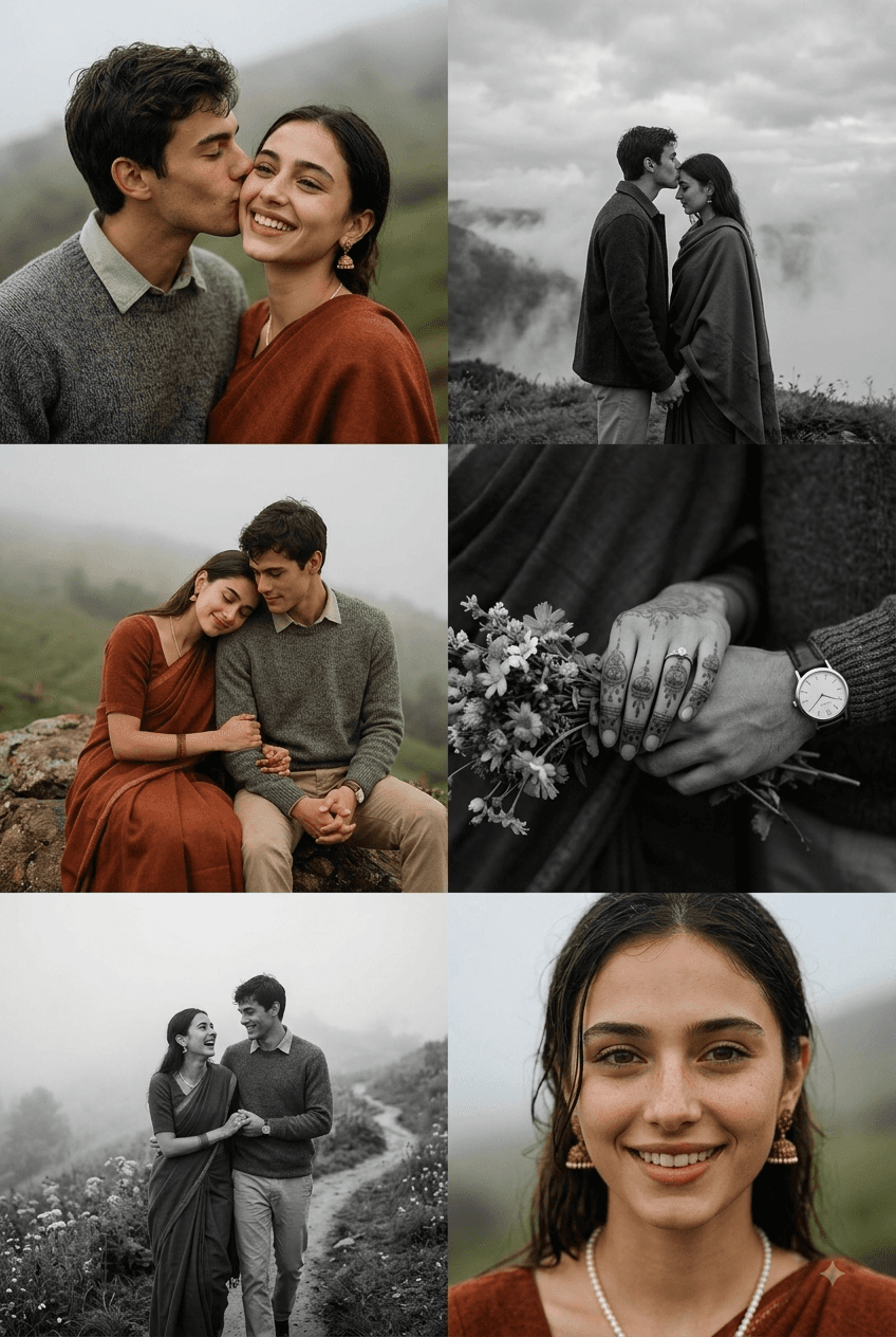 South Asian Pre-Wedding AI Collage Prompt | Cinematic 3x2 Grid preview 1