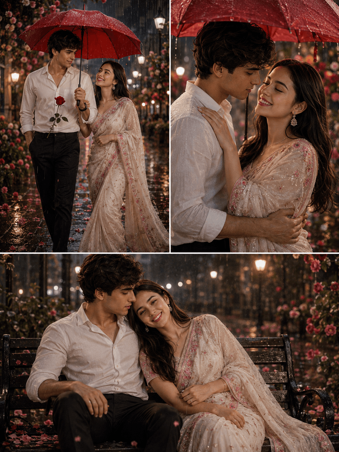 Cinematic Rainy Couple Collage Prompt | Exact Face Match 8K preview 1