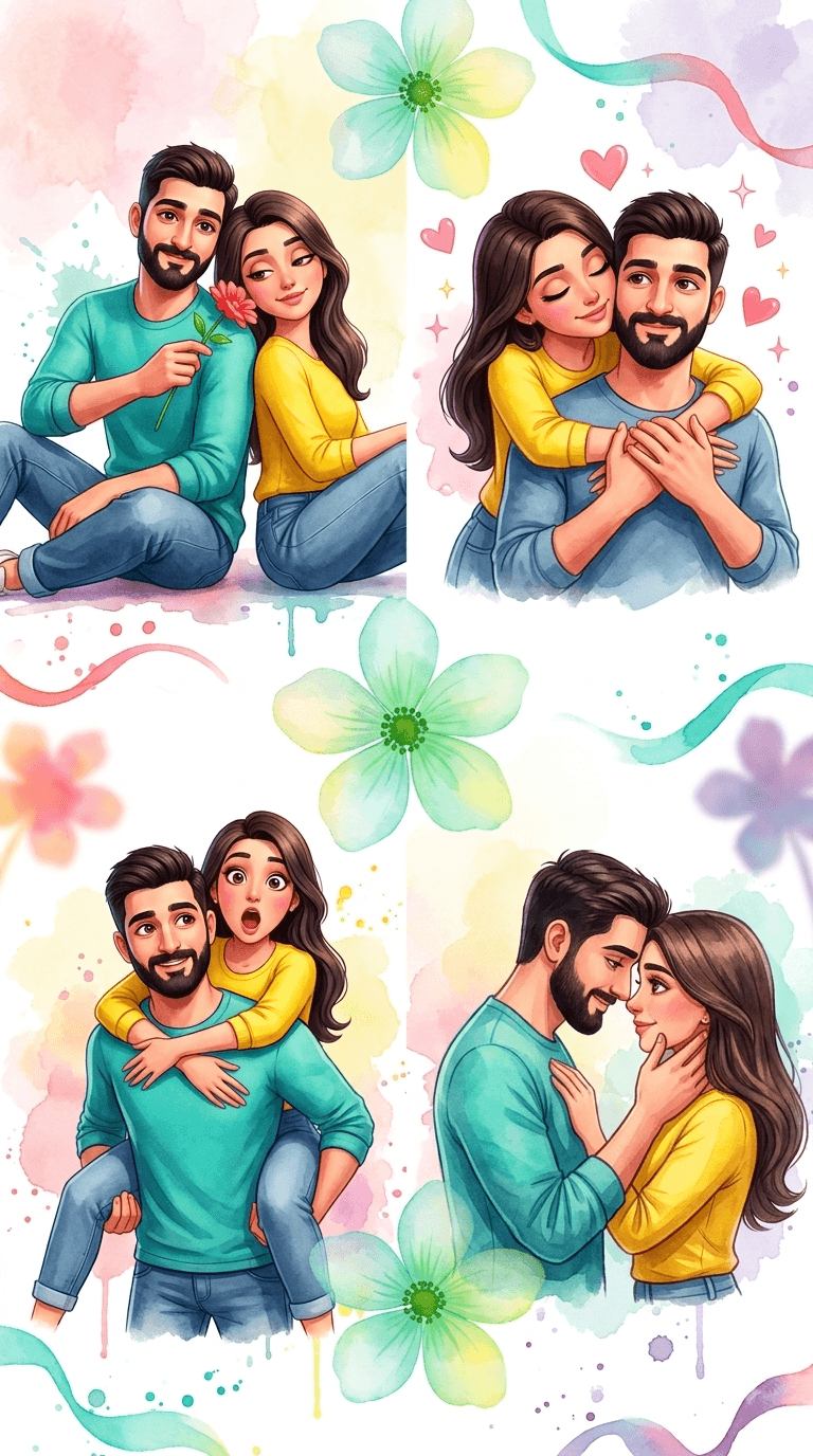 Romantic Couple 3D Watercolor Collage AI Prompt | 9:16 Wallpaper preview 2