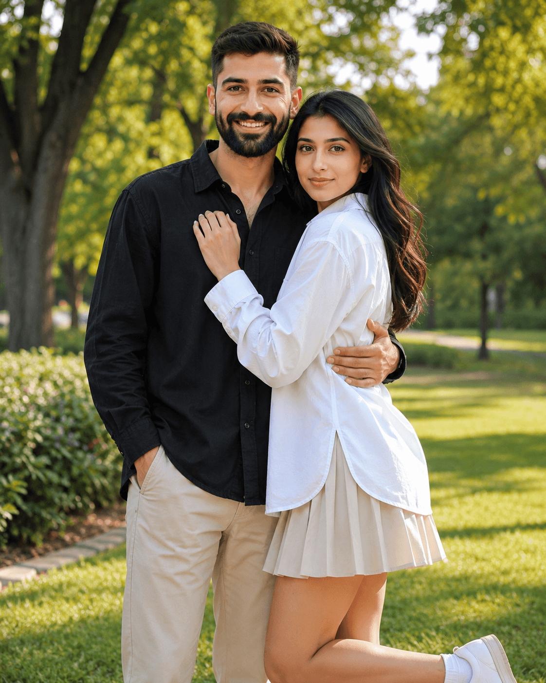 Romantic Couple in a Green Park AI Prompt | Ultra-Realistic Golden Hour Portrait preview 2