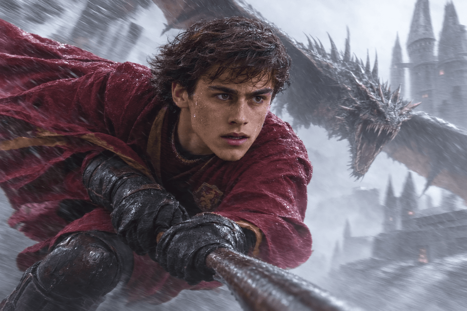Cinematic Harry Potter Dragon Chase AI Prompt | Photorealistic Wizard Flying Scene | Action Movie Still | Reference Photo Consistency