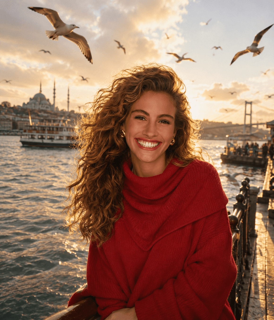 Ultra-Realistic Bosphorus Waterfront Portrait Prompt | Cinematic Sunset Travel Photo with Seagulls