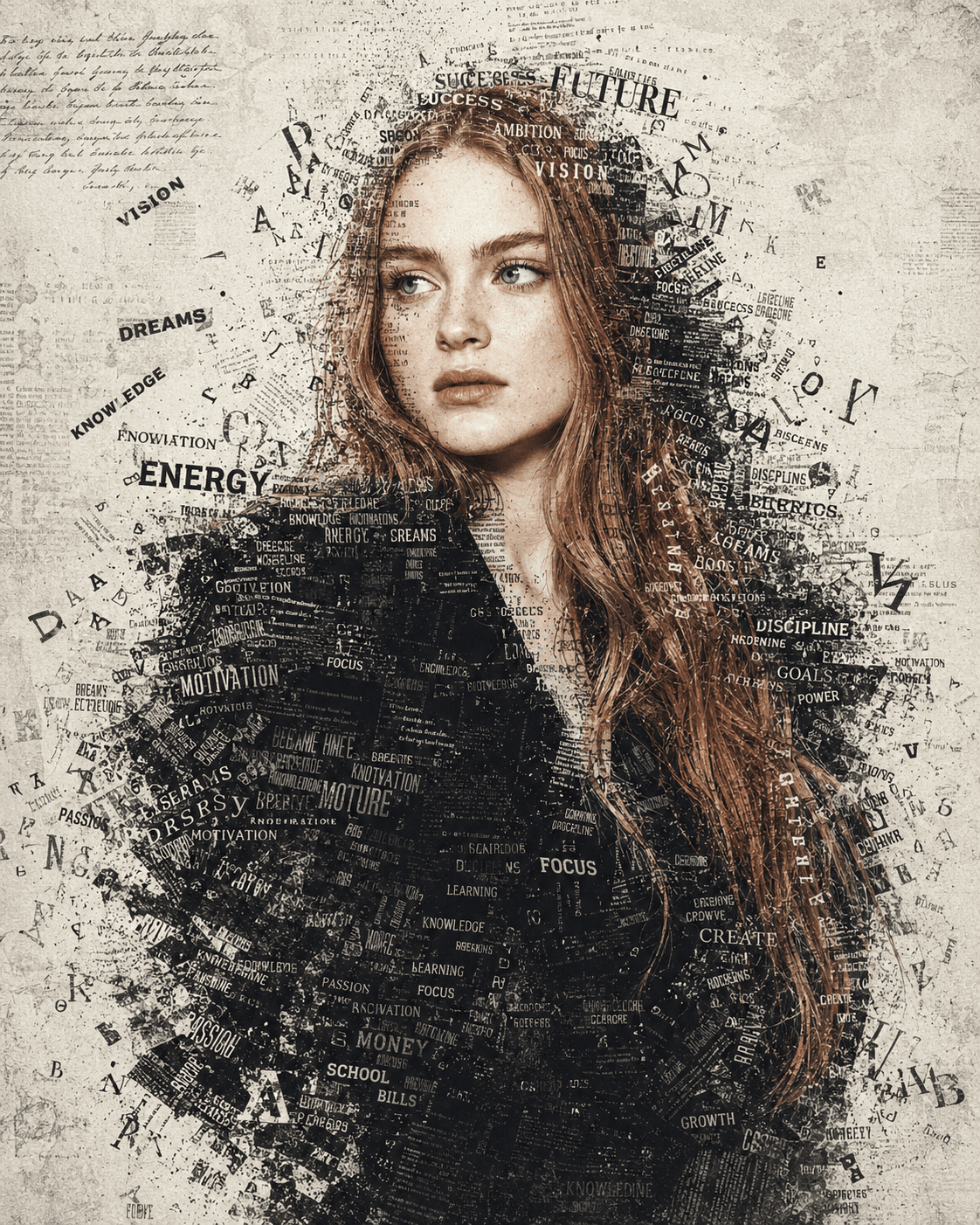 Ultra Realistic Typography Portrait Prompt | Newspaper Collage Mixed Media AI Art | Editorial Text Face Generator | 8K Photorealistic