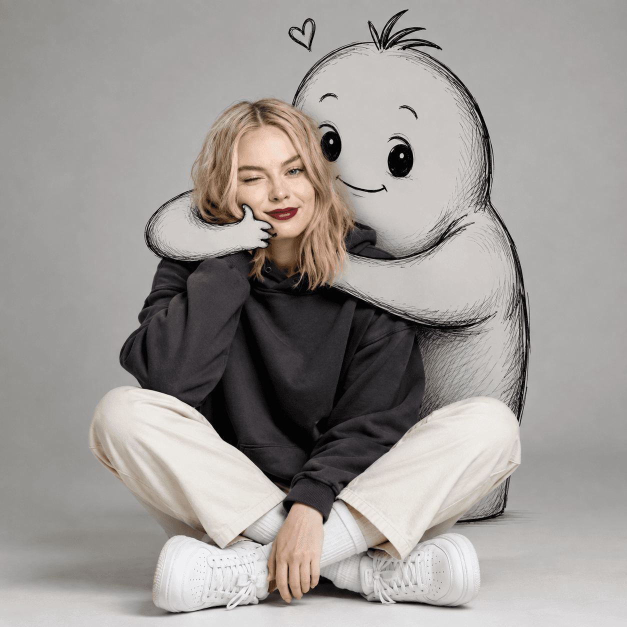 Premium Photorealistic Portrait Prompt with Cute Doodle Hug | AI Studio Photography | ChatGPT & Image Generator Prompt